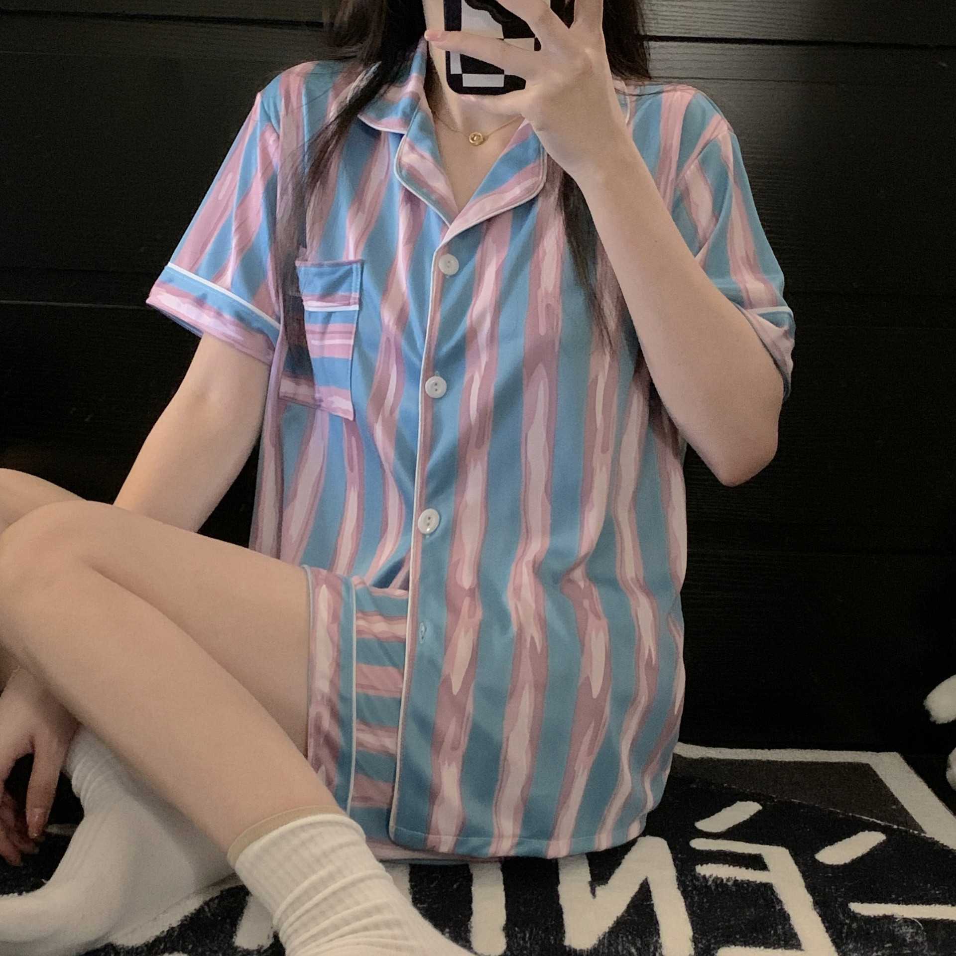 好梦纷夏季新款韩版开衫女士睡衣宽松ins睡衣少女简约短袖短裤家
