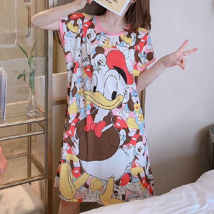 大码外贸裙女卡通宽松短袖夏季春秋中长款家居服可爱裙休闲睡裙