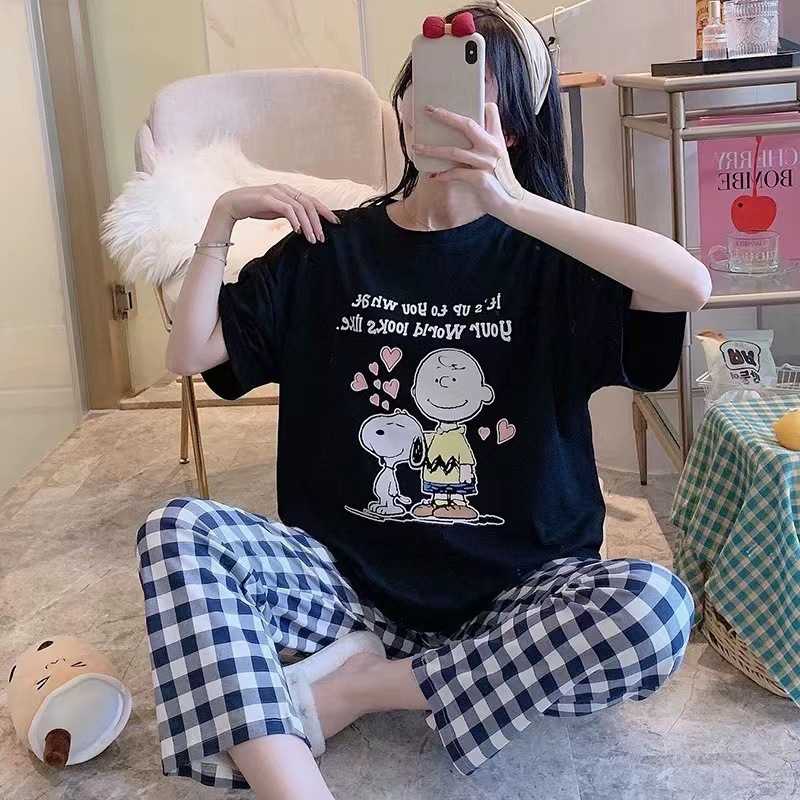 睡衣女春秋夏季短袖长裤大码宽松韩版可爱卡通甜美学生家居服套装