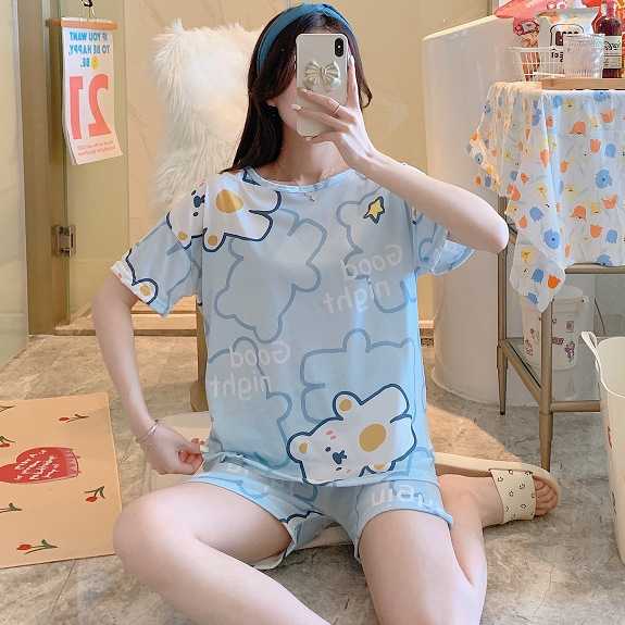 韩版睡衣女夏季薄款短袖卡通少女学生夏天宽松睡衣女士外穿家居服