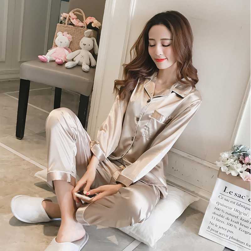 春秋款睡衣女士韩版冰丝绸长袖睡衣套装薄款冰丝家居服女