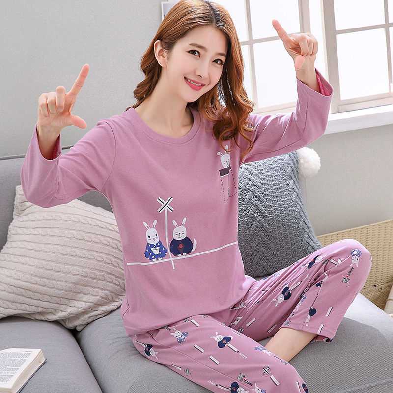 韩版爆款长袖睡衣女春秋款薄款圆领可爱学生套装家居服透气