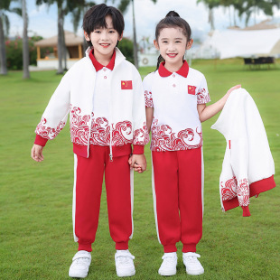 中国风校服套装国潮红色男女中小童学生运动服夏季春秋幼儿园园服