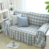 防猫抓沙发巾全盖套布四季 通用美式 简约现代湖水蓝格子可定制定做