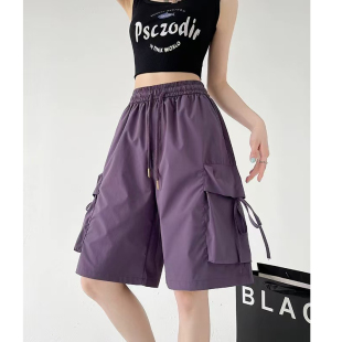 工装 中裤 短裤 休闲宽松直筒运动五分裤 女夏2025新款 紫色大口袋美式