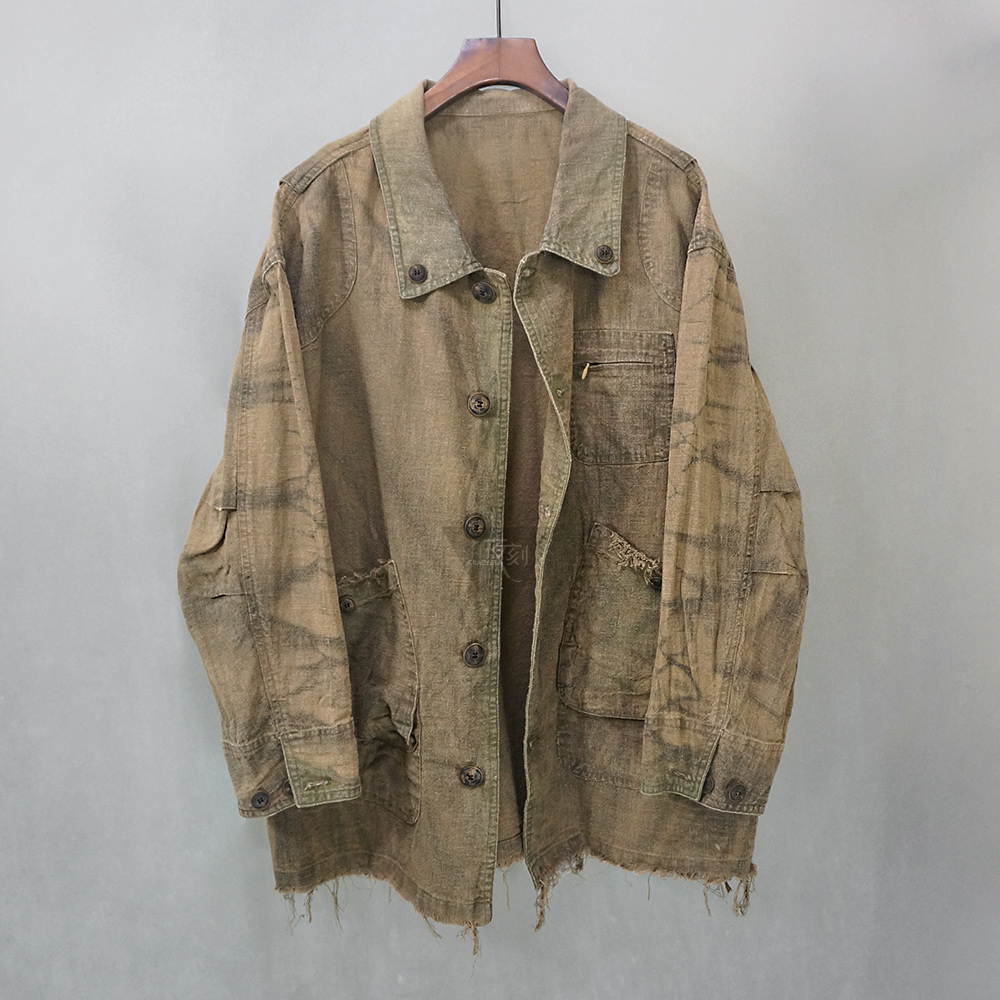 夜刻设计师重磅脏洗亚麻工装外套夹克废土战损末世衬衫春秋酷外搭
