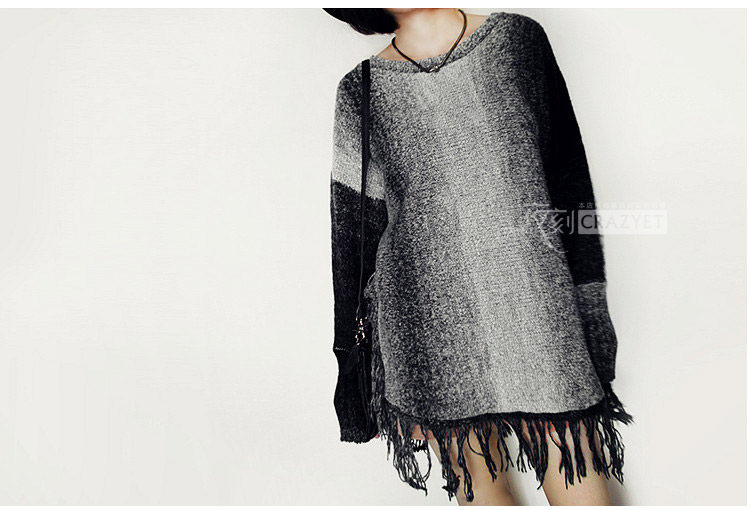 秋冬港风不对称宽松套头流苏撞色外穿毛衣女线衣针织罩衫个性女装