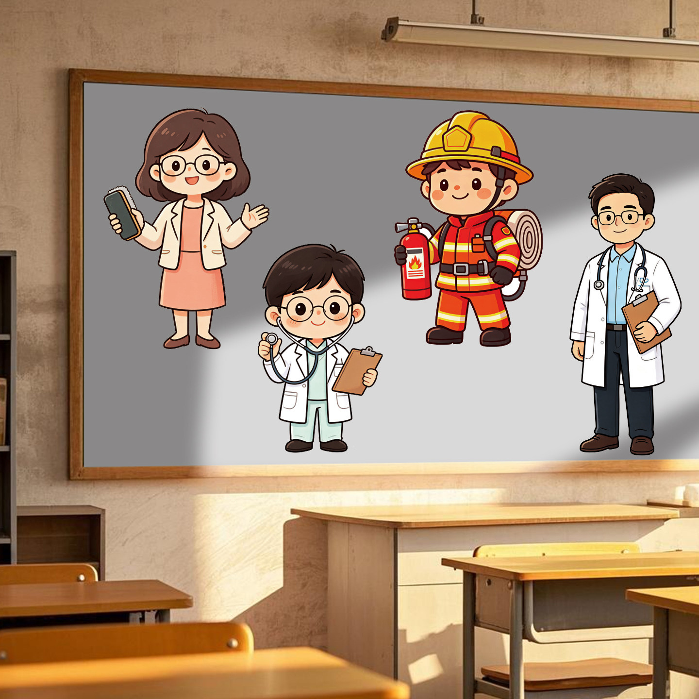 学校教室文化墙黑板报卡通职业教师消防员农民工人磁力毛毡墙贴画