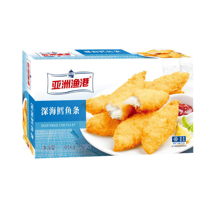 亚洲渔港深海鳕鱼条1080克36条1盒汉堡店西餐油炸铁板烧黑椒柳条