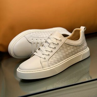 真皮软底透气运动鞋 时尚 男鞋 潮牌百搭韩版 鞋 男士 轻奢编织皮小白鞋