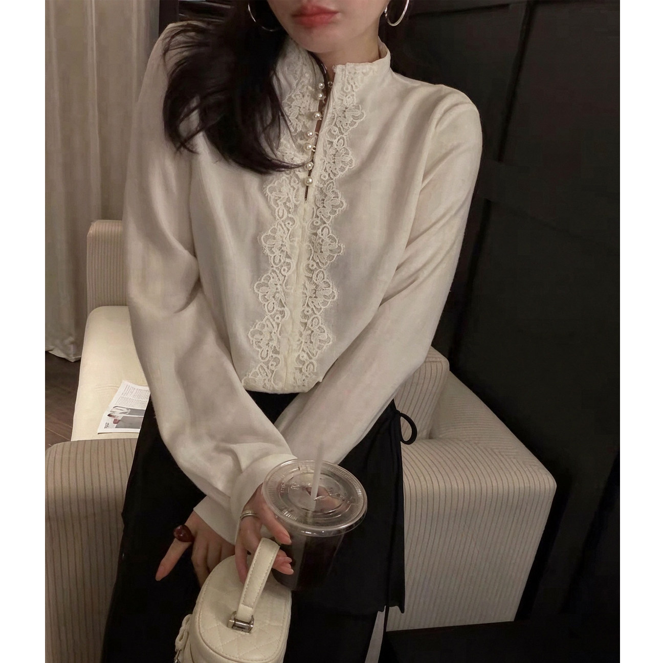 复古羊毛拼接蕾丝立领珍珠扣衬衫秋冬女长袖小众设计感高级感上衣