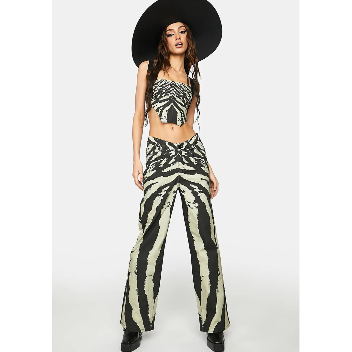 斑马纹印花中腰阔腿牛仔裤