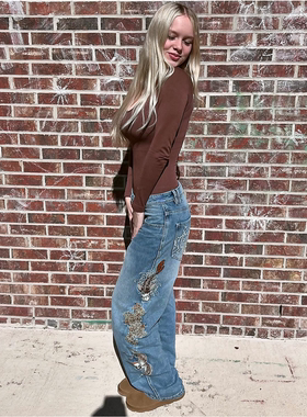 外贸原单Nin*thHallIdleConsult锦鲤、丹顶鹤和花卉牛仔裤D4 1253