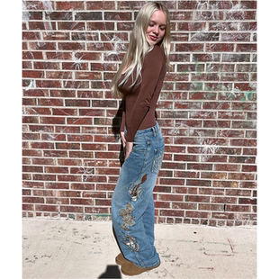 外贸原单Nin*thHallIdleConsult锦鲤、丹顶鹤和花卉牛仔裤D4 1253