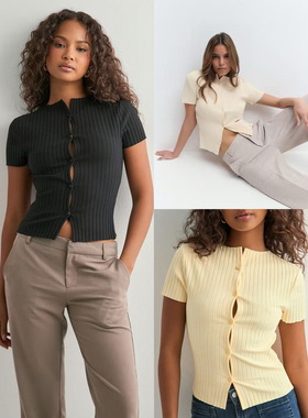 外贸原单Gin*a Tricot气质修身简约罗纹纽扣前襟开衫短袖C11 2431