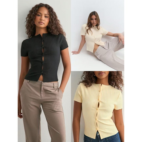 短袖罗纹纽扣前襟开衫