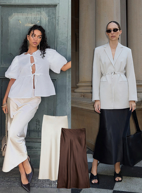 外贸原单NA-K*D高腰缎面弹力垂坠中长裙高级感气质半身裙1459C5