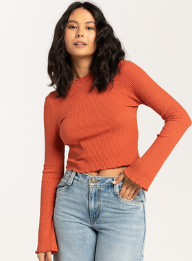 外贸原单O'Ne*ill Blakey铁锈色俏皮生菜边罗纹针织紧身上衣1115