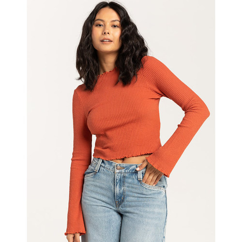 铁锈色俏皮生菜边罗纹针织上衣