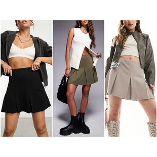 外贸原单 ASO*S纯色密实秋冬面料高腰褶皱斜纹迷你百褶裙JK学院风