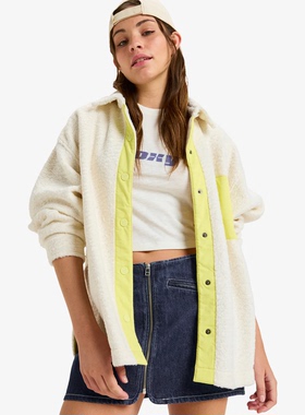 外贸原单Rox*y俏皮拼色滚边宽松保暖翻领口袋抓绒衬衫外套 A 2872