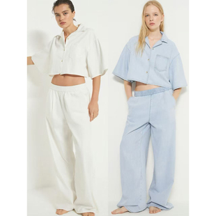 俄罗斯lim出口外贸英式领口宽松短袖牛仔布开衫阔腿裤套装A8 4021