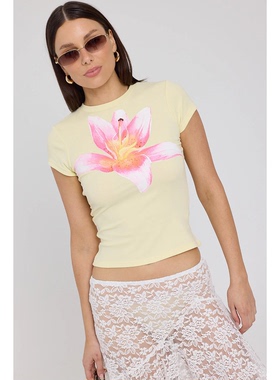 外贸原单Luc*k Trouble黄色粉花印花修身短袖圆领T恤短款A19 2976