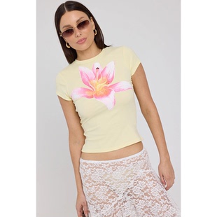 外贸原单Luc*k Trouble黄色粉花印花修身短袖圆领T恤短款A19 2976