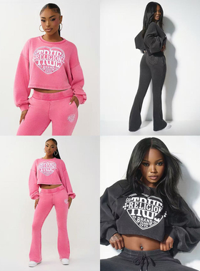 外贸原单Tru*e大头*佛水洗蝙蝠套头衫卫衣微喇运动裤套装 C 2396