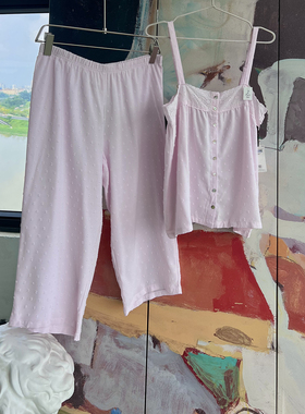 外贸原单lau*ra ashley甜美粉色吊带睡裤宽松性感家居服套装1525