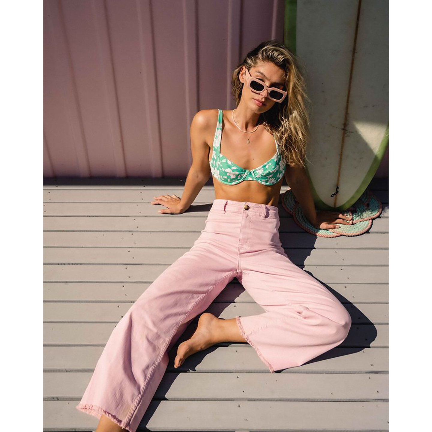 弹力毛边高腰裤火烈鸟