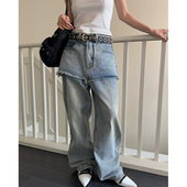 外贸原单韩国Our studio假两件设计感宽松阔腿直筒毛边牛仔裤 1352
