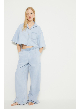 俄罗斯lim出口外贸英式领口宽松短袖牛仔布开衫阔腿裤套装C9 4065