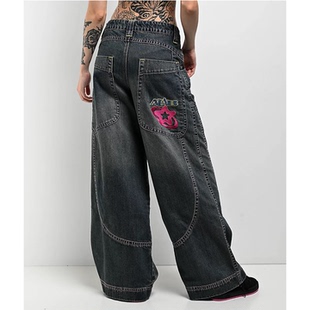 外贸原单A.LAB男女同款 2115 高腰曲面蓝色水洗狂欢阔腿宽松牛仔裤