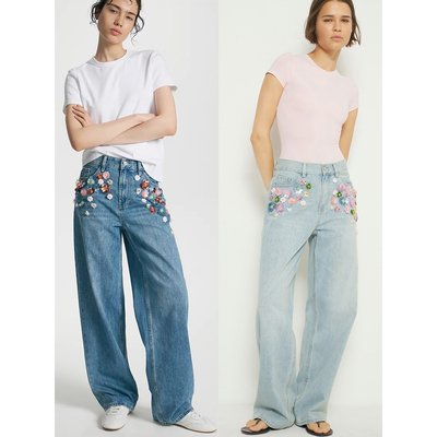 刺绣花朵超宽松阔腿牛仔裤