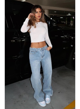 外贸原单WF低腰阔腿直筒宽松牛仔裤浅蓝色水洗欧美辣妹风 B4 2064