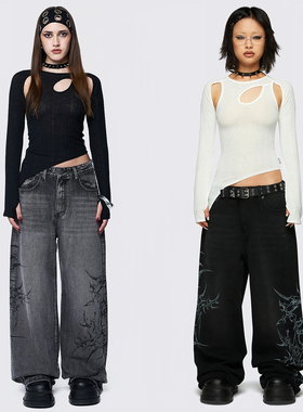 外贸原单Min*ga设计感街头图案印花直筒宽松阔腿牛仔裤A18 2770