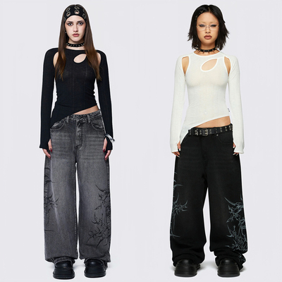 图案高腰宽松阔腿牛仔裤