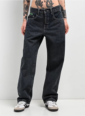 原单Emp*yre Loiter高腰蓝色 汽油 刺绣对比色缝线宽松直筒牛仔裤