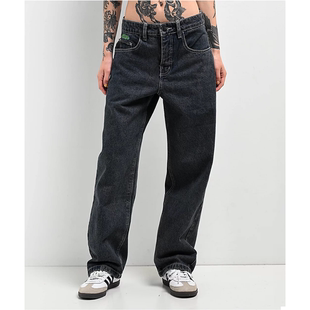 刺绣对比色缝线宽松直筒牛仔裤 原单Emp 汽油 Loiter高腰蓝色 yre