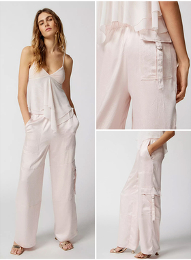 外贸原单UO原D 珍珠绸缎工装阔腿裤直筒裤长裤醋酸裂纹厚实加长裤