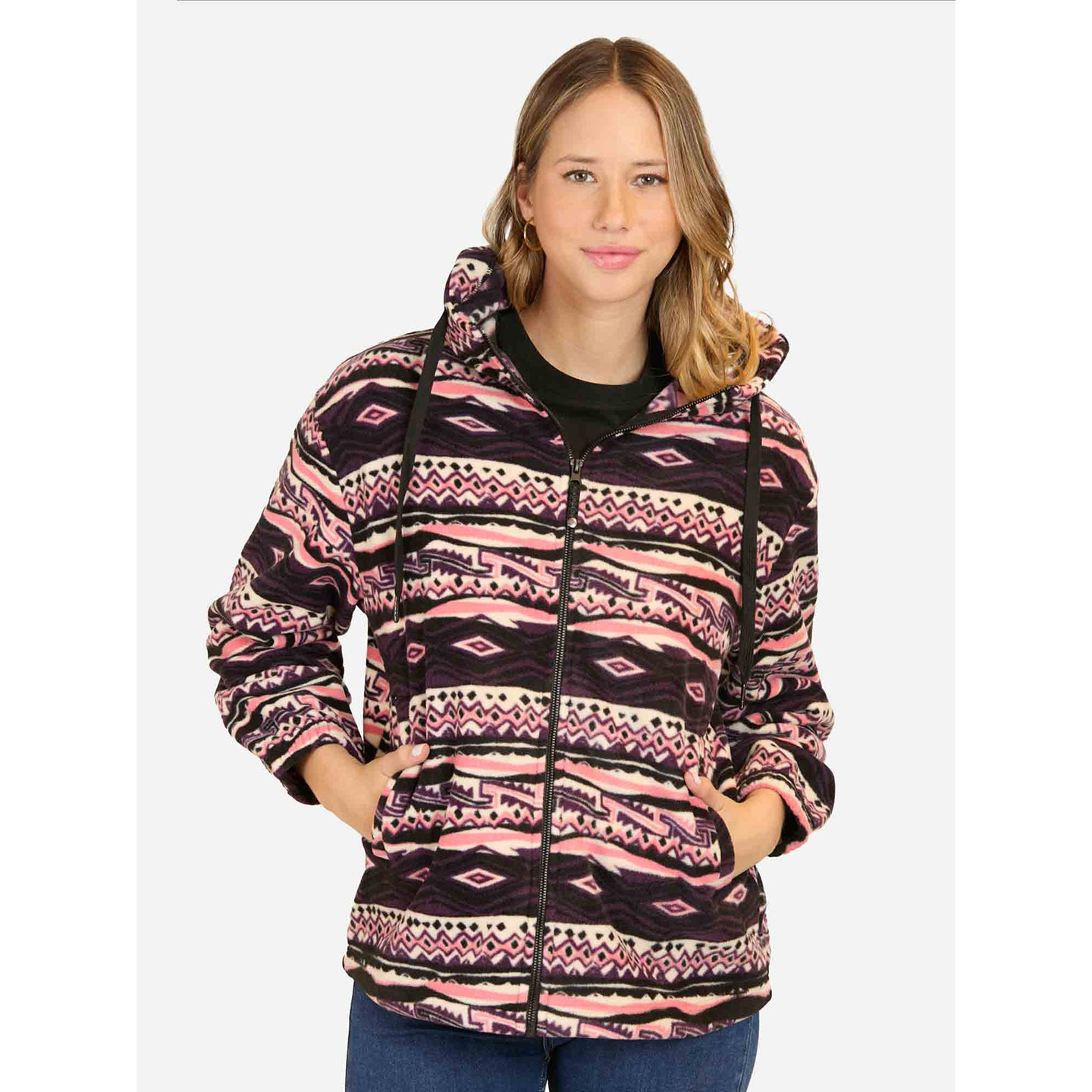 紫色拼色图案抓绒卫衣