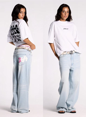 外贸原单Col*dculture男女同款会赚又会花蓝色直筒阔腿牛仔裤2316