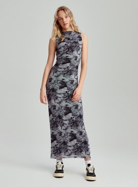 外贸原单Hou*se不规则图案灰色气质收腰显瘦超长无袖连衣裙 1682