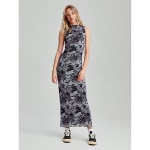 外贸原单Hou*se不规则图案灰色气质收腰显瘦超长无袖连衣裙 1682