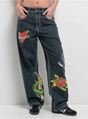 外贸原单Nin*th Hall玫瑰心形匕首蛇印花直筒阔腿牛仔裤A9 2076