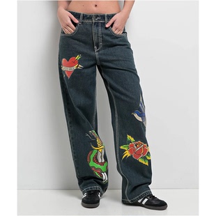 外贸原单Nin Hall玫瑰心形匕首蛇印花直筒阔腿牛仔裤 2076