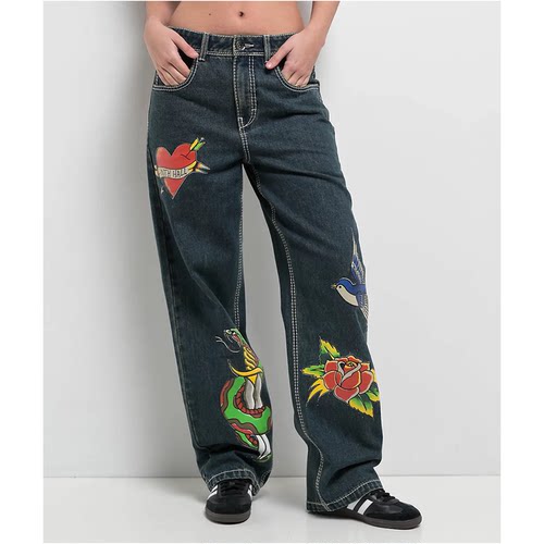 玫瑰匕首蛇印花直筒阔腿牛仔裤