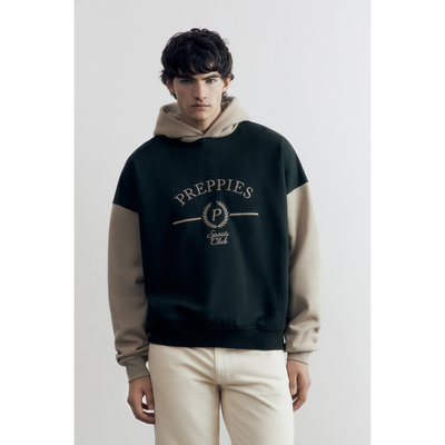 男款刺绣拼色连帽卫衣