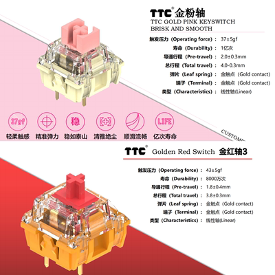 TTC金粉轴赤瞳ACE轴快银月白金茶金红兰轴静音机械键盘轴体试轴器